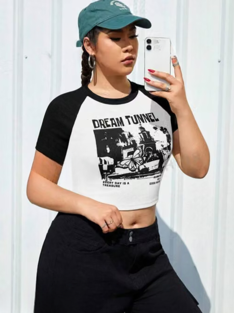 Women's White & Black Graphic Print Raglan Crop Top