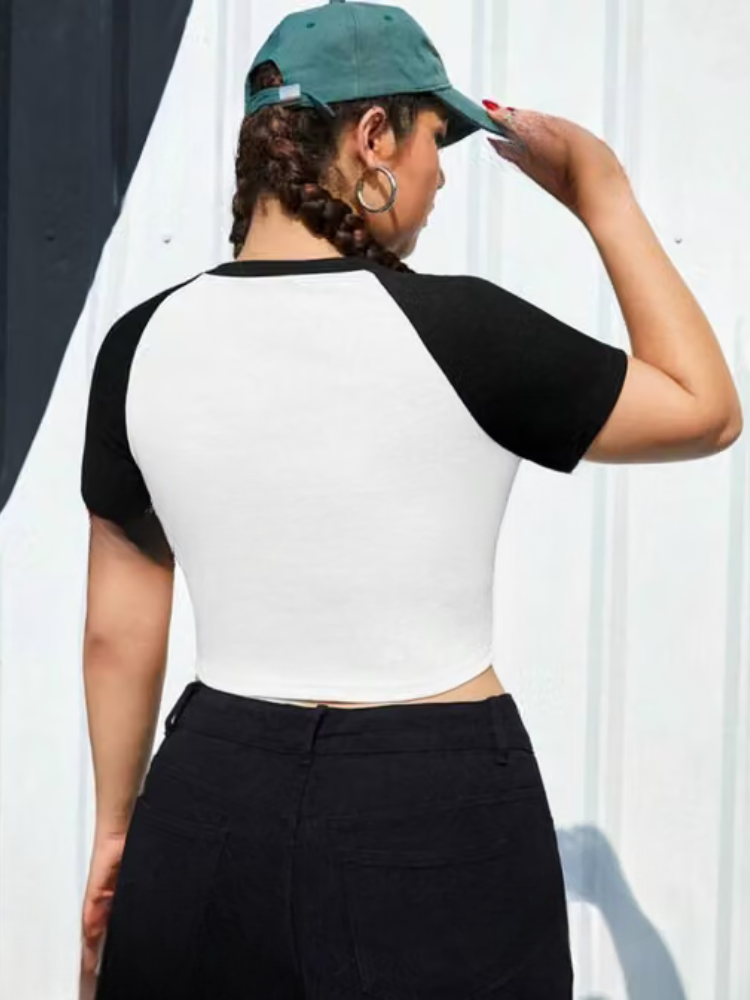 Women's White & Black Graphic Print Raglan Crop Top
