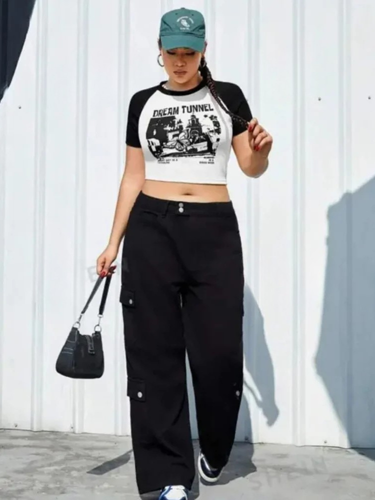 Women's White & Black Graphic Print Raglan Crop Top