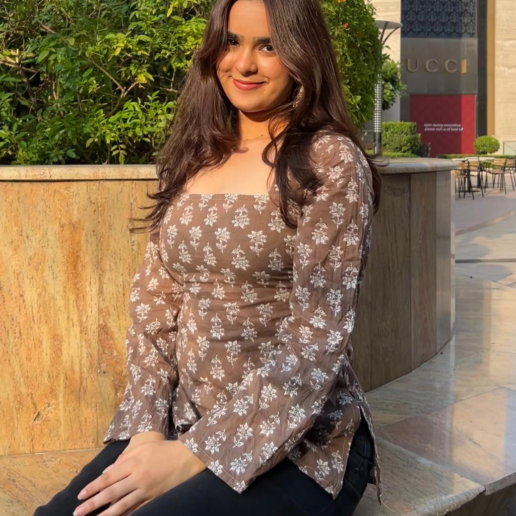 Brown Floral Printed Lace-Up Office Wear Top