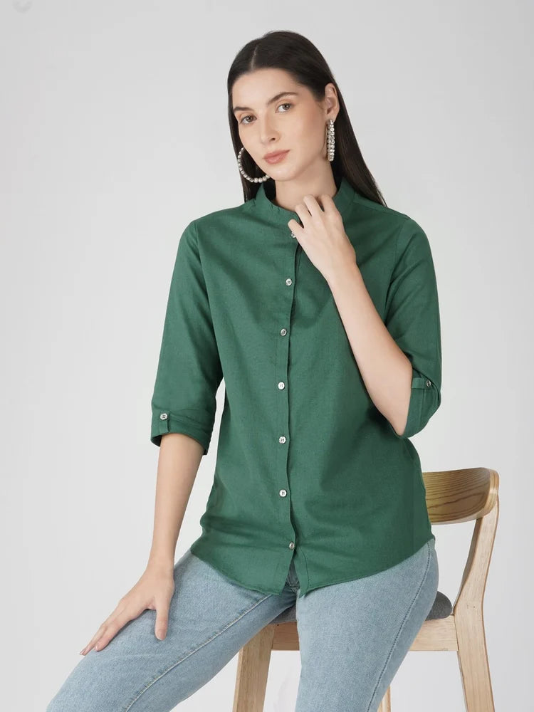 Mandarin Collar Cotton Shirt Style Top