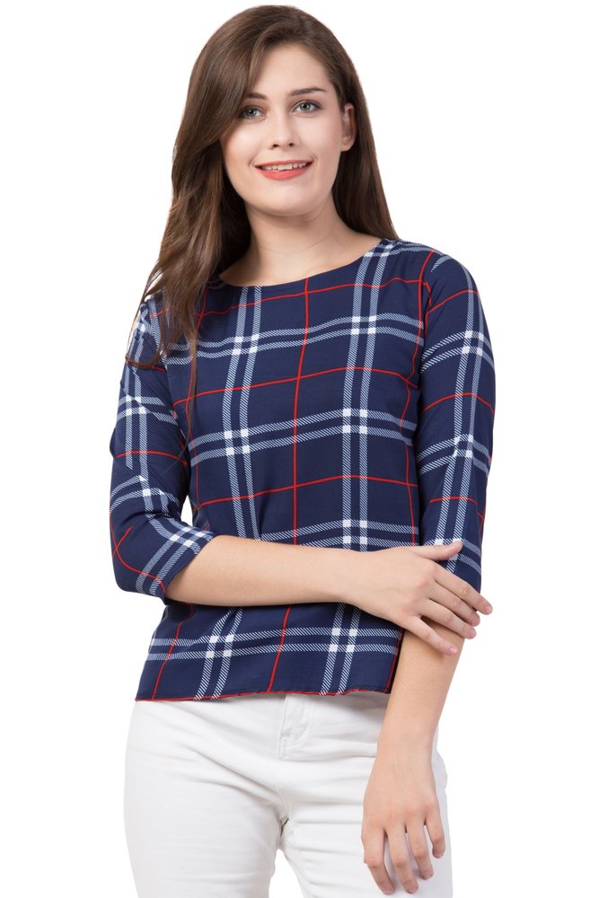 Women's Navy Blue Checked Office Wear Top