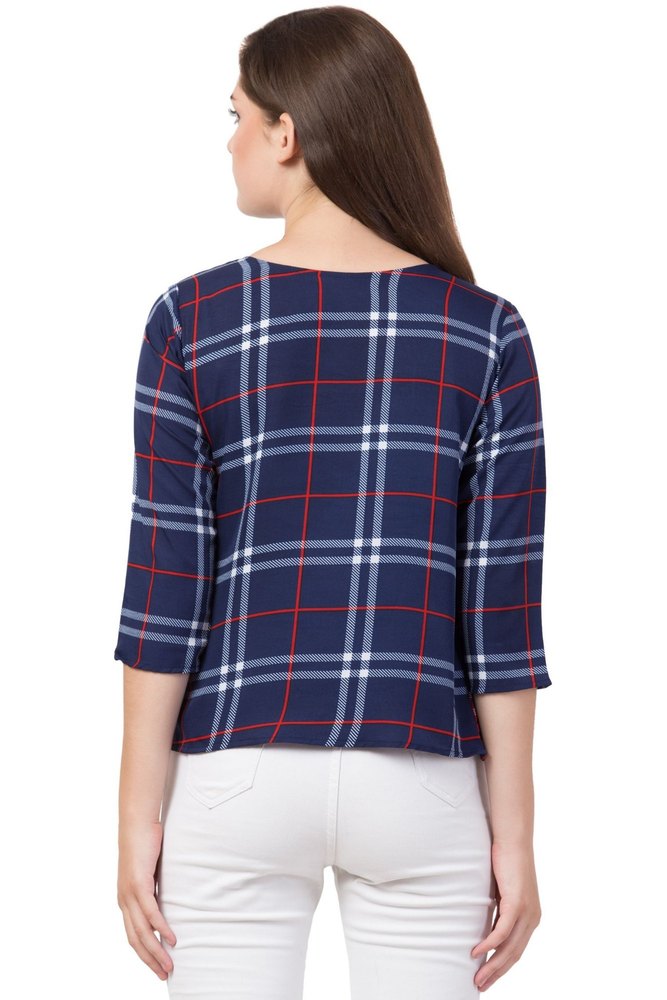 Women's Navy Blue Checked Office Wear Top
