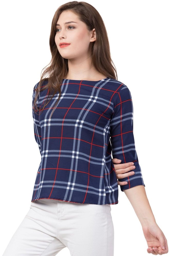 Women's Navy Blue Checked Office Wear Top