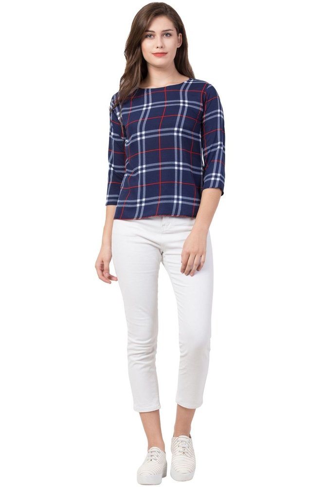 Women's Navy Blue Checked Office Wear Top