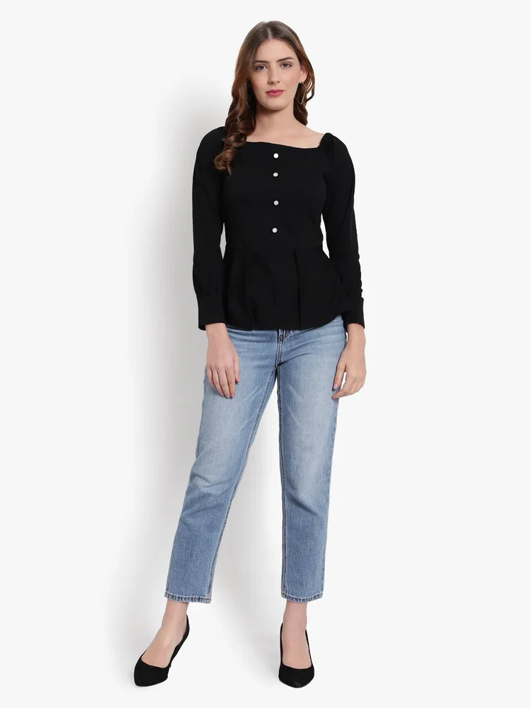 Women's Black Square Neck Peplum Top with Puff Sleeves