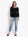 Women's Black Square Neck Peplum Top with Puff Sleeves