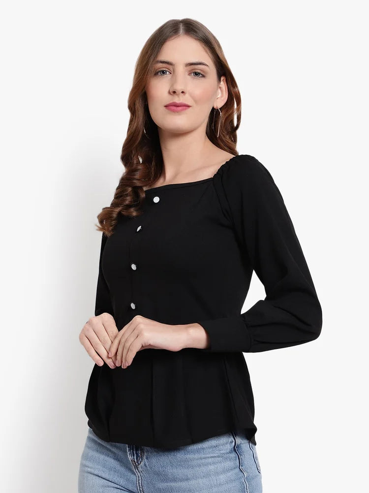 Women's Black Square Neck Peplum Top with Puff Sleeves