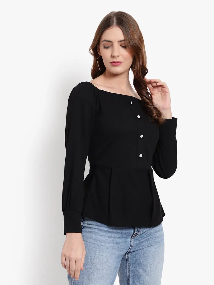 Women's Black Square Neck Peplum Top with Puff Sleeves