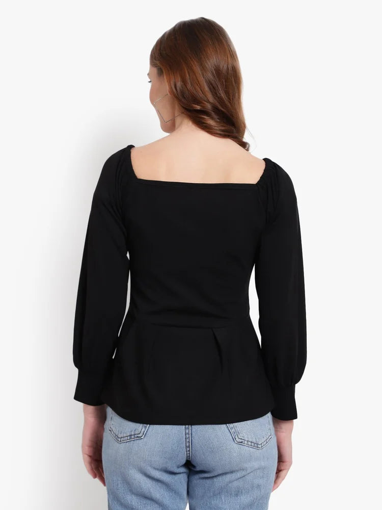 Women's Black Square Neck Peplum Top with Puff Sleeves