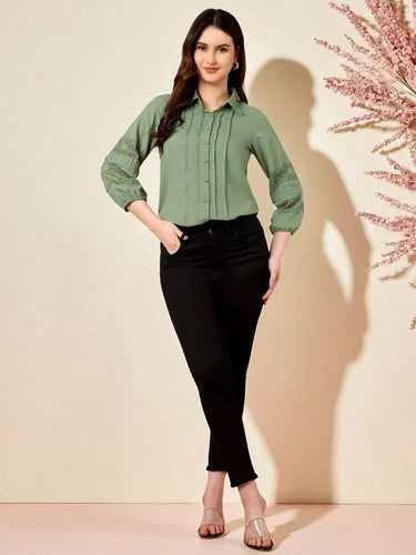 Women's Sage Green Pintuck Office Wear Shirt