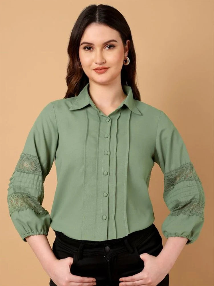 Women's Sage Green Pintuck Office Wear Shirt