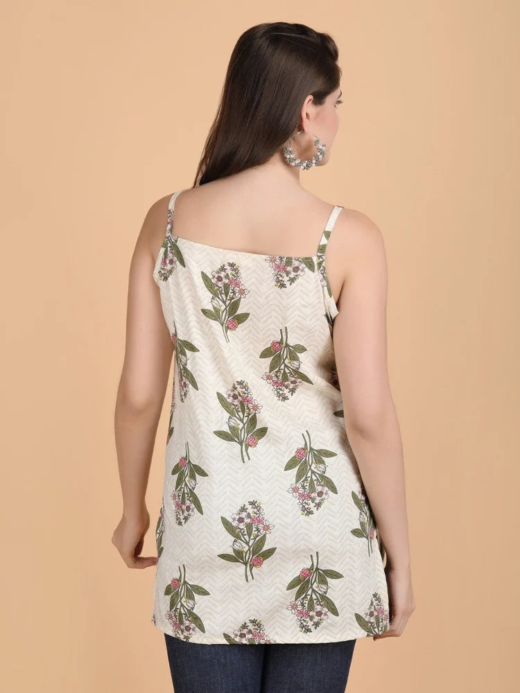 Ladies Rayon Off White Printed Short Kurti