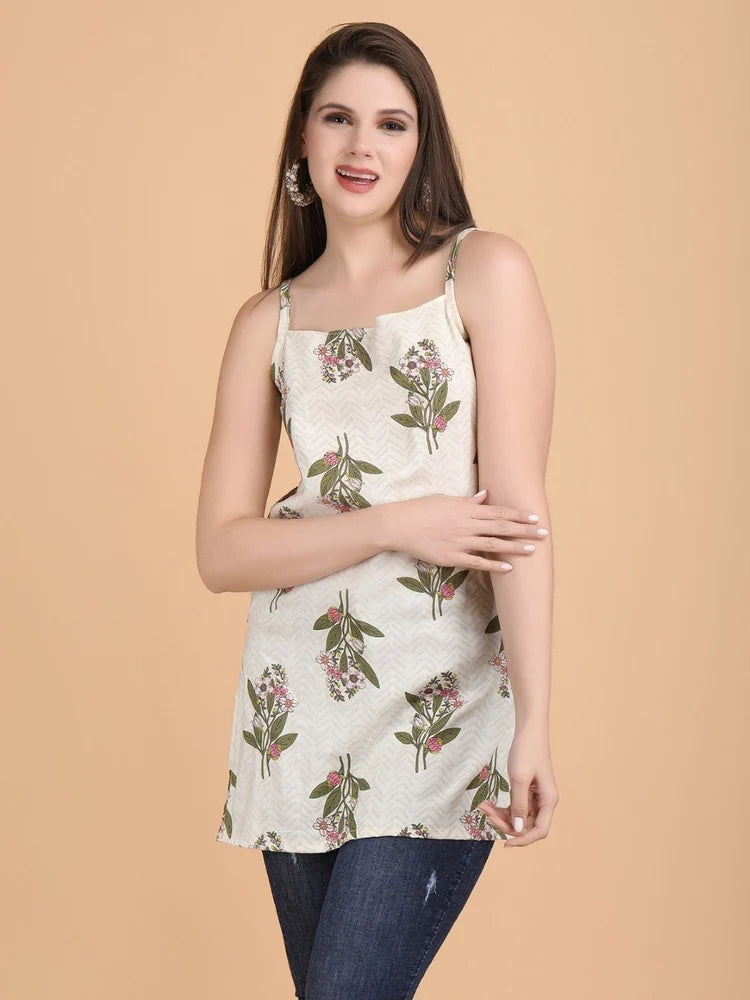 Ladies Rayon Off White Printed Short Kurti