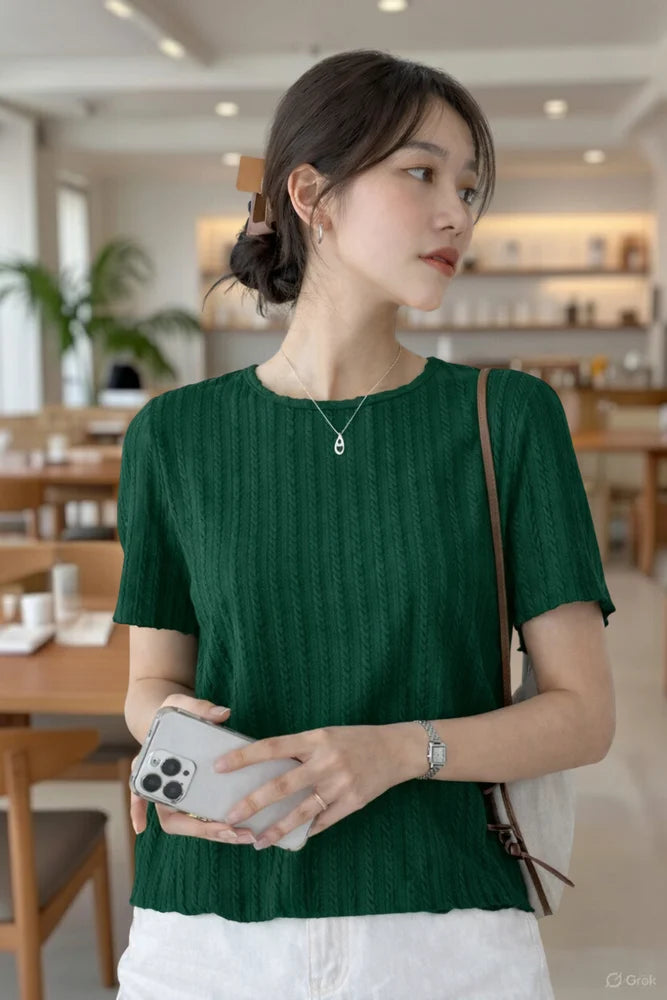 Casual Regular Sleeves Solid, Striped Women Green Top