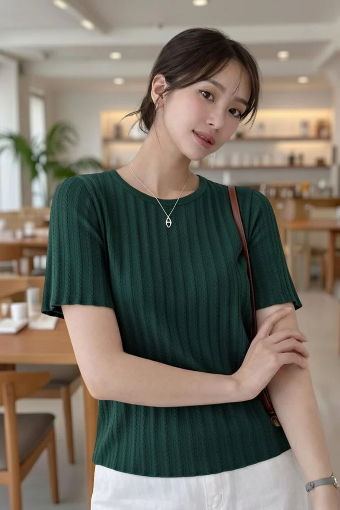 Casual Regular Sleeves Solid, Striped Women Green Top