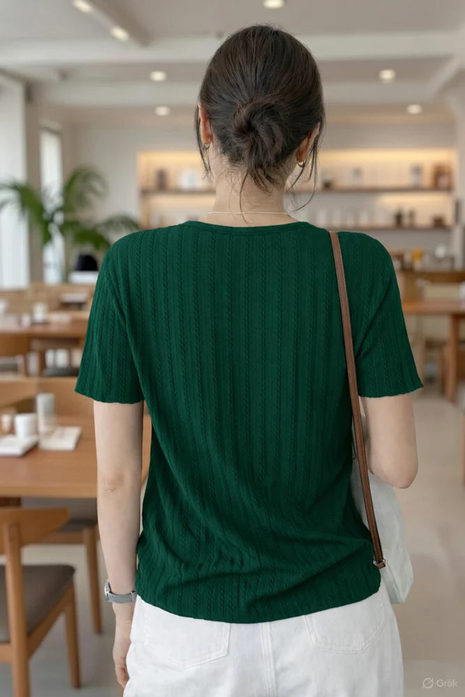 Casual Regular Sleeves Solid, Striped Women Green Top