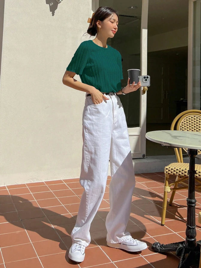 Casual Regular Sleeves Solid, Striped Women Green Top