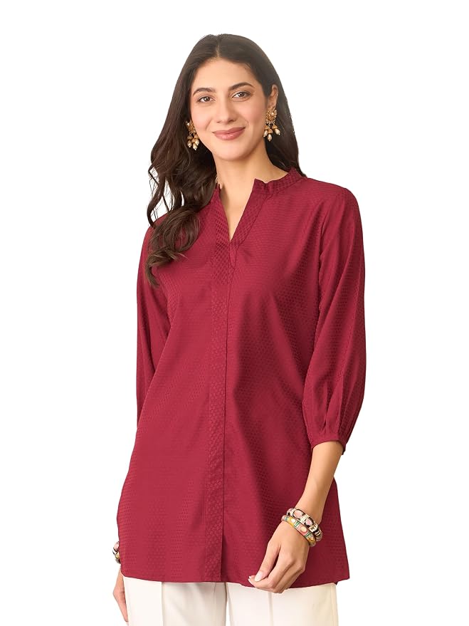 Women's Maroon Silk Blend Solid Self Design Office Wear Top