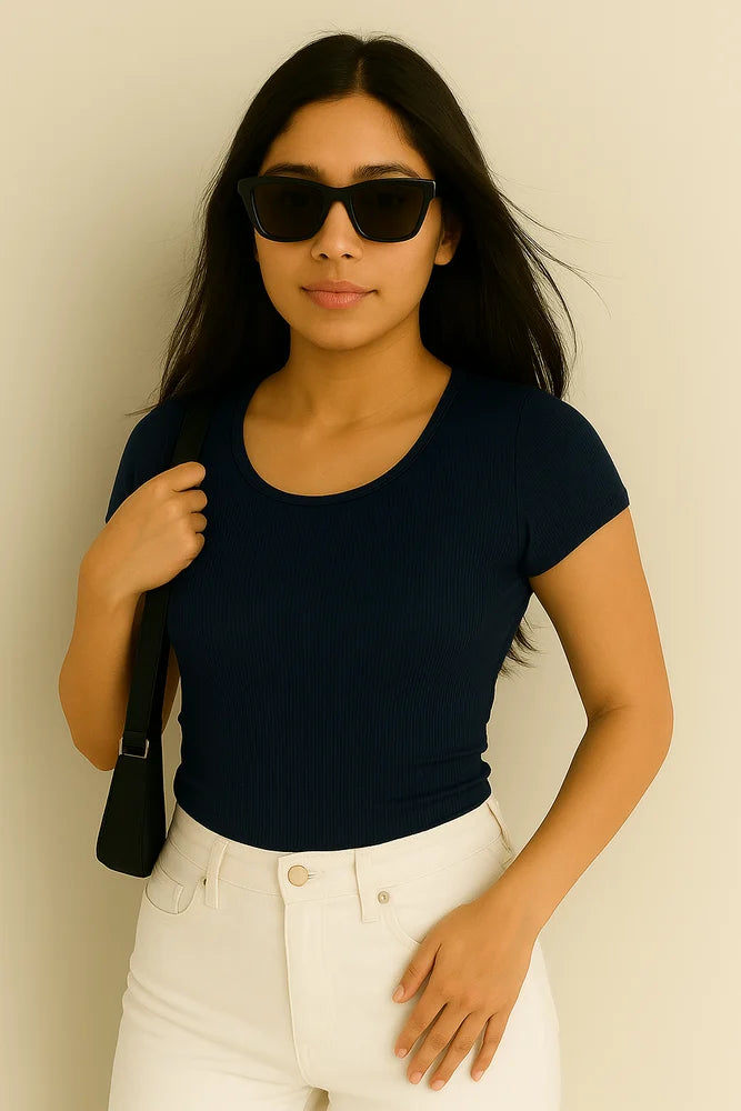 Women's Navy Blue Ribbed Round Neck Fitted Top