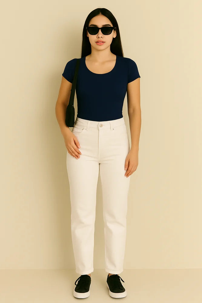 Women's Navy Blue Ribbed Round Neck Fitted Top