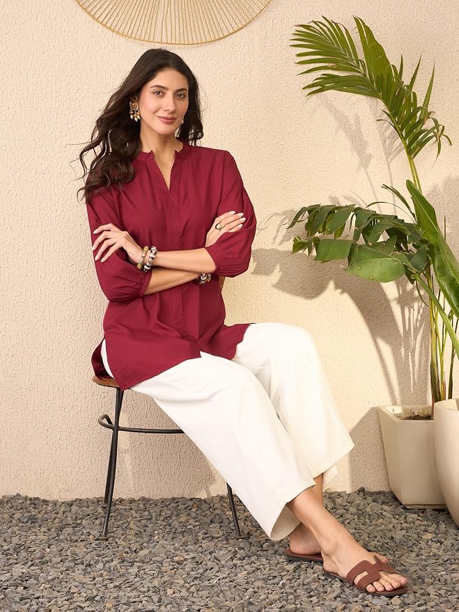 Women's Maroon Silk Blend Solid Self Design Office Wear Top