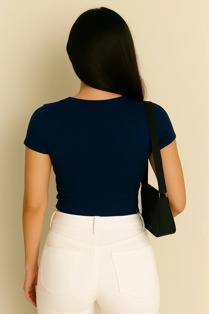 Women's Navy Blue Ribbed Round Neck Fitted Top