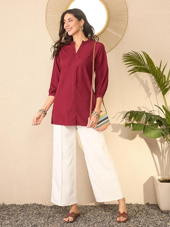 Women's Maroon Silk Blend Solid Self Design Office Wear Top