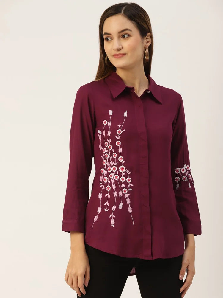 Wine Embroidered Office Wear Shirt