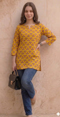Mustard Yellow Printed Office Wear Short Kurti