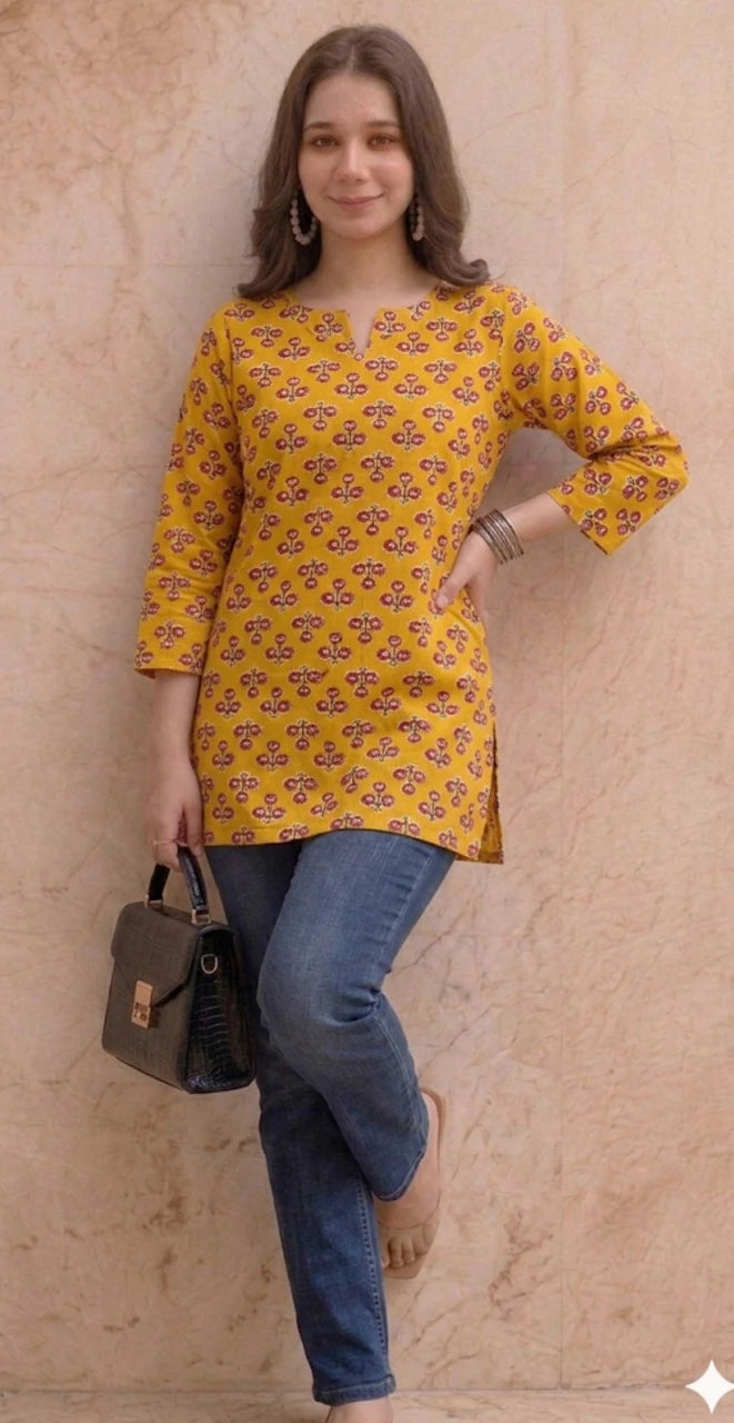 Mustard Yellow Printed Office Wear Short Kurti