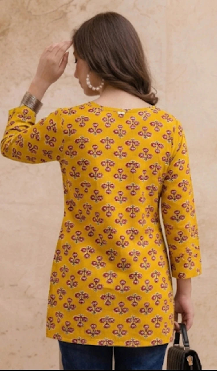 Mustard Yellow Printed Office Wear Short Kurti