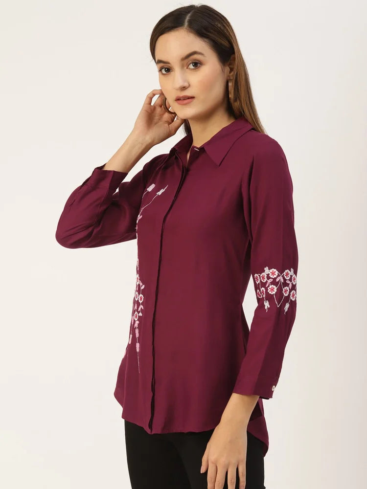 Wine Embroidered Office Wear Shirt