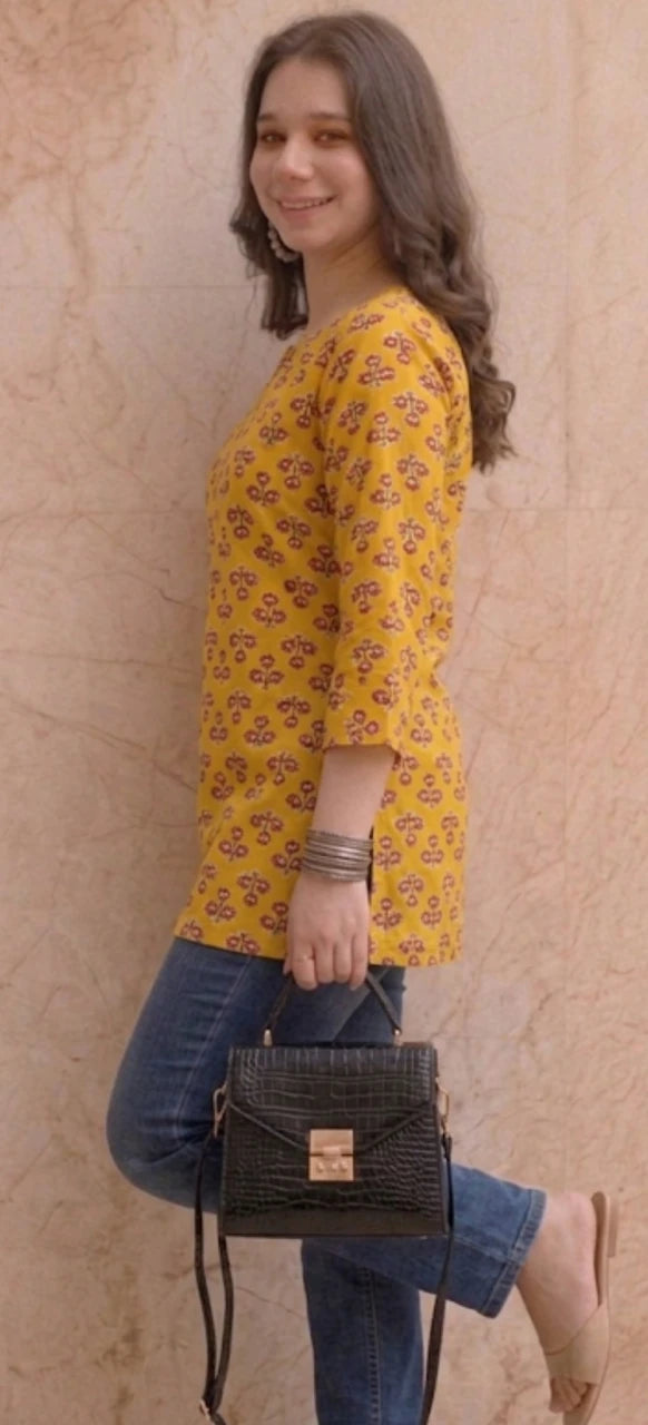 Mustard Yellow Printed Office Wear Short Kurti
