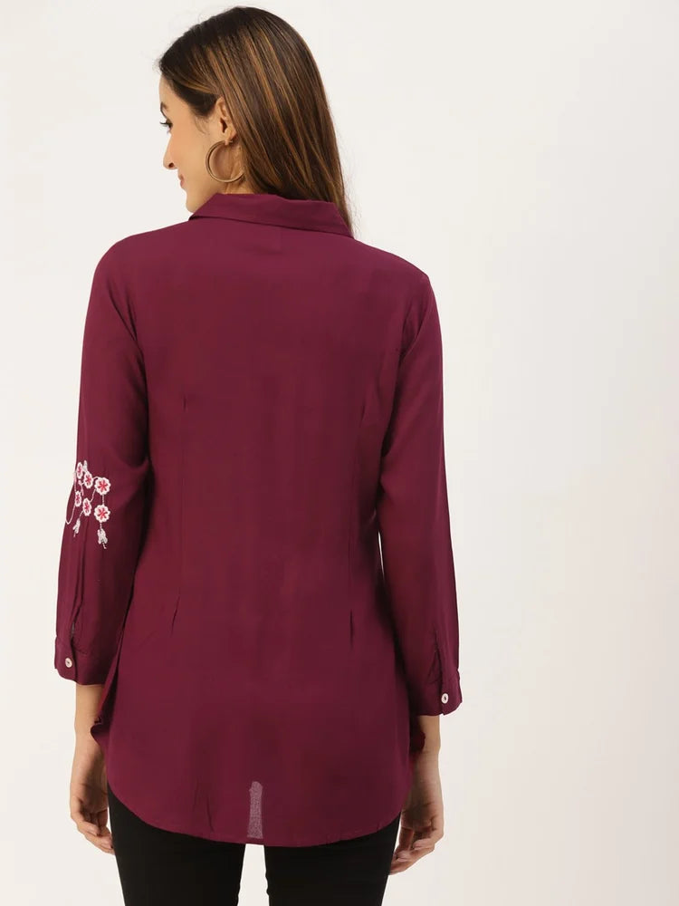 Wine Embroidered Office Wear Shirt