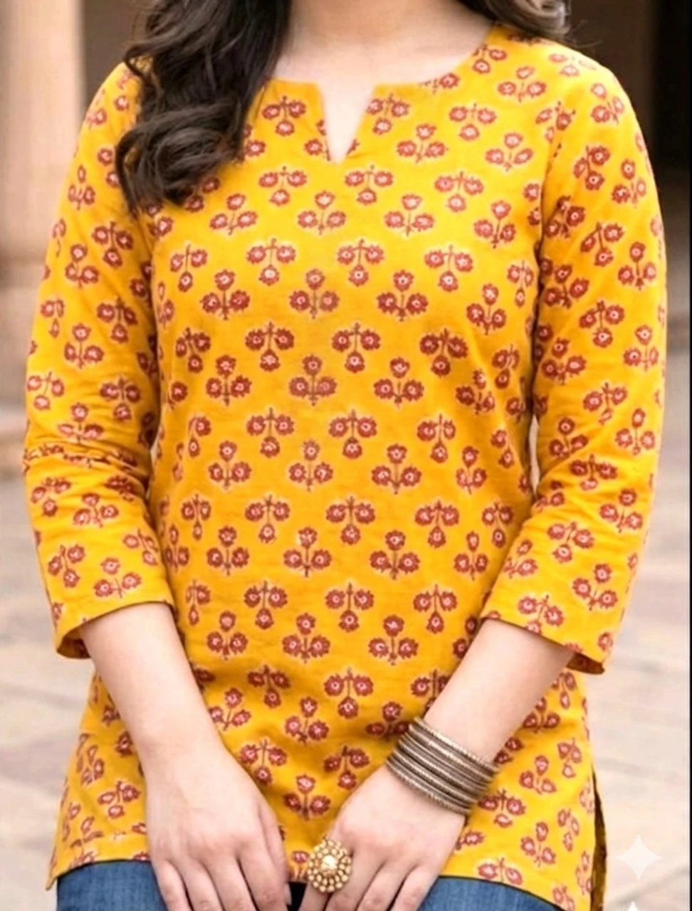 Mustard Yellow Printed Office Wear Short Kurti