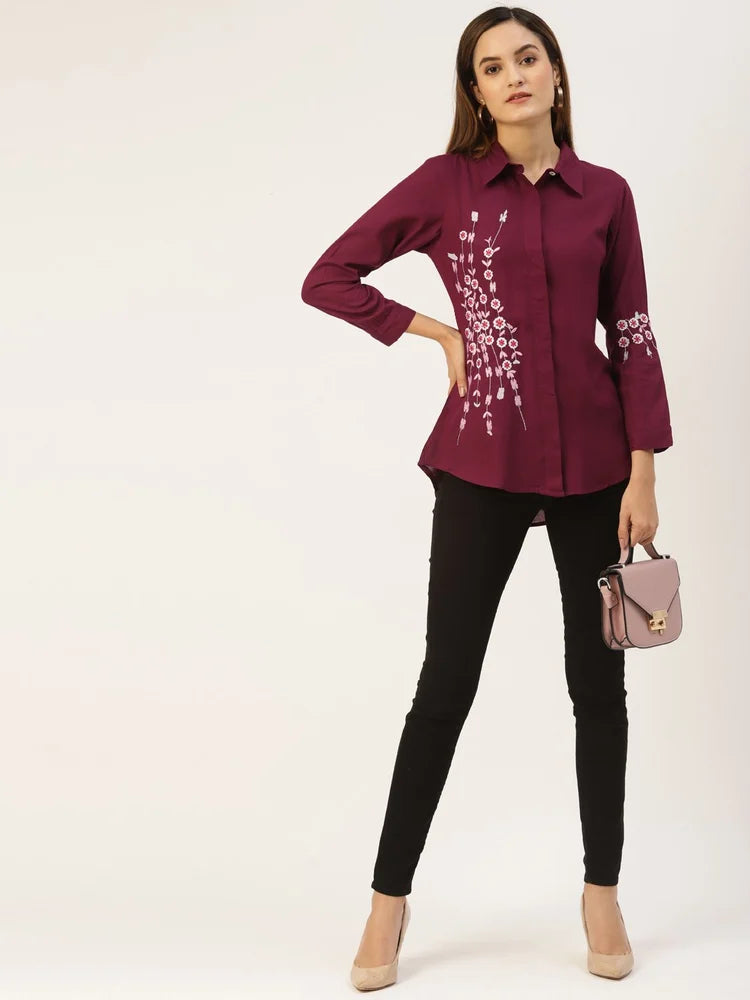 Wine Embroidered Office Wear Shirt