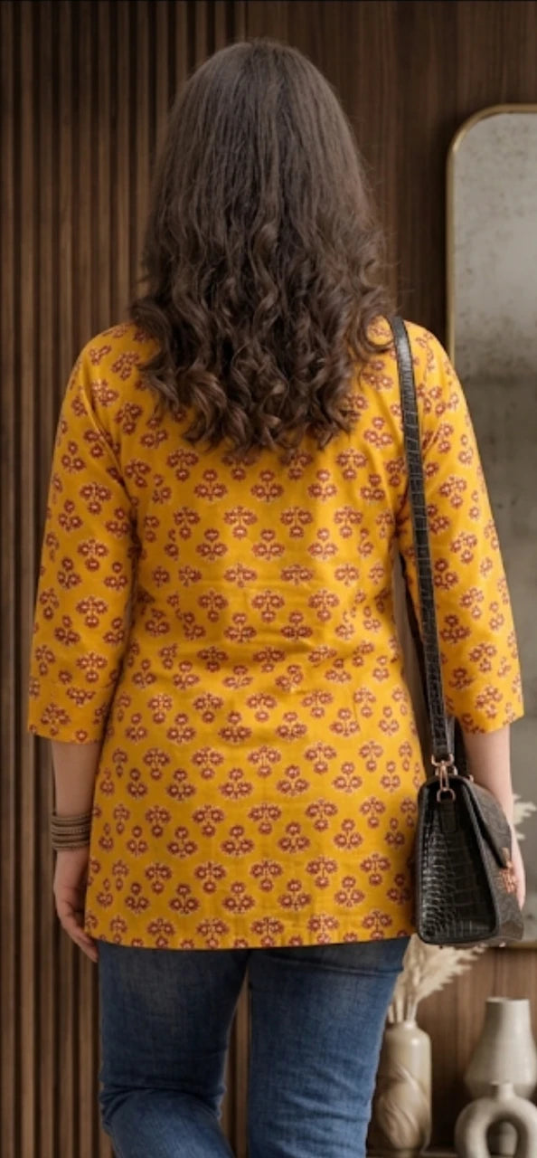 Mustard Yellow Printed Office Wear Short Kurti