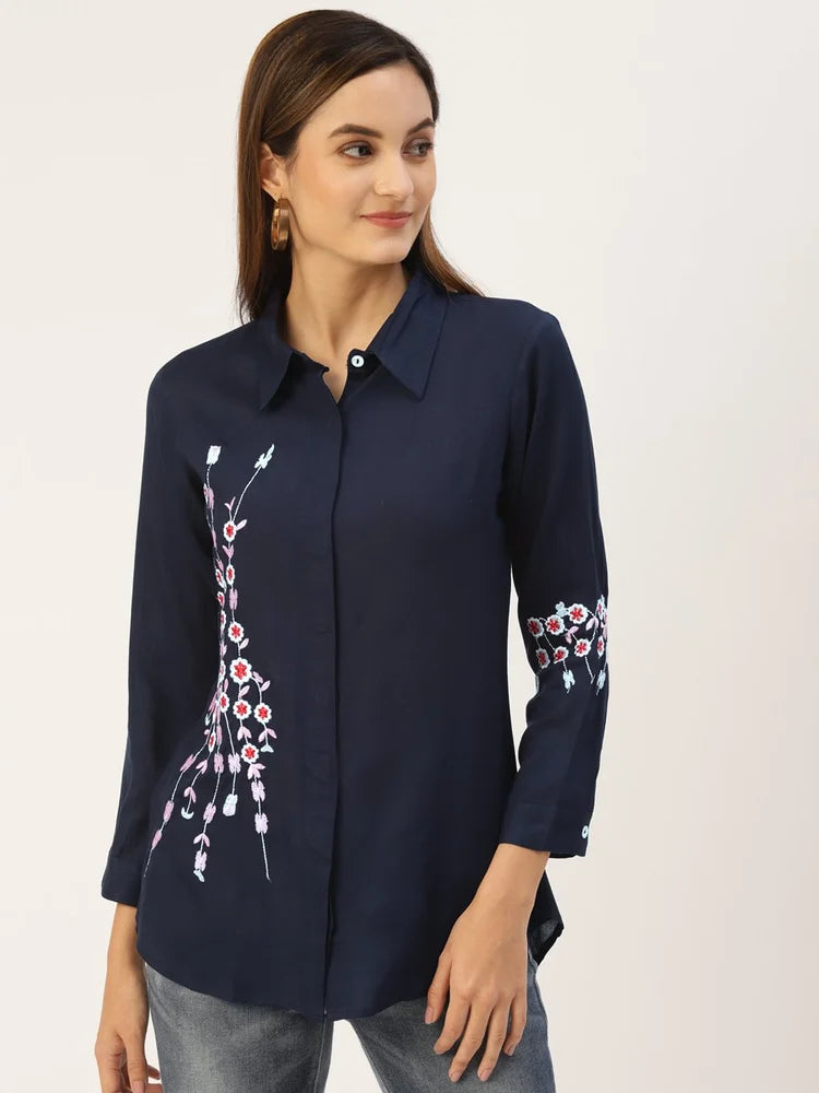 Wine Embroidered Office Wear Shirt