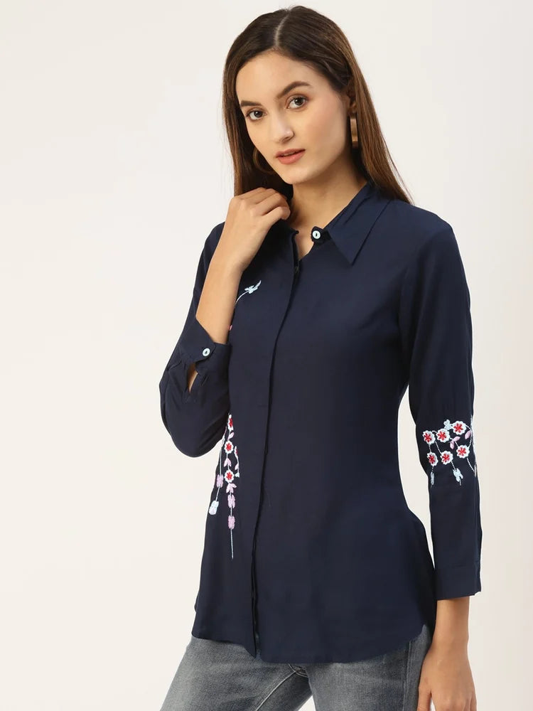 Wine Embroidered Office Wear Shirt