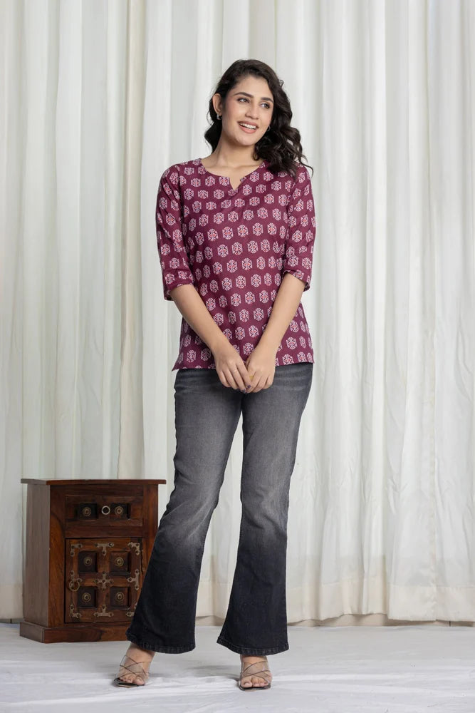 Berry Purple Printed Office Wear Short Kurti