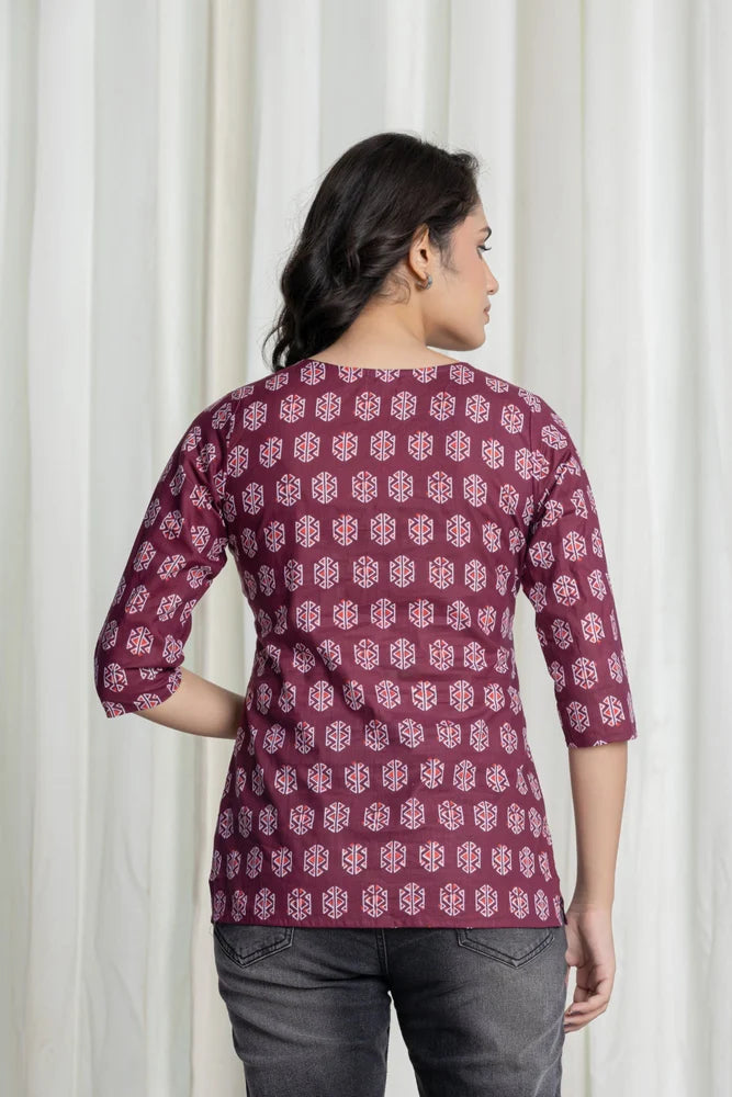 Berry Purple Printed Office Wear Short Kurti