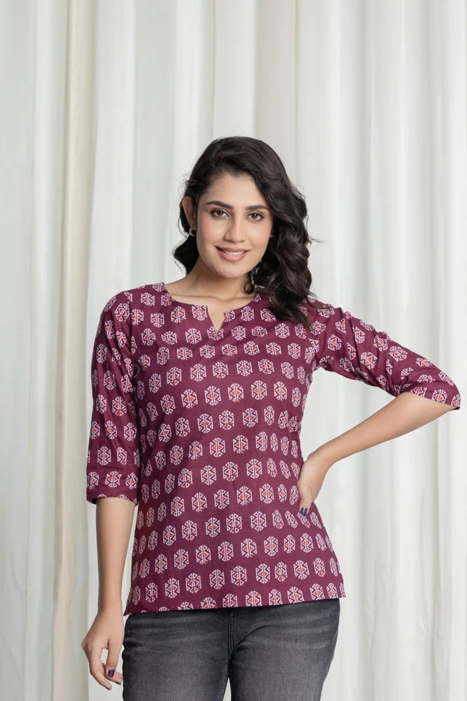 Berry Purple Printed Office Wear Short Kurti