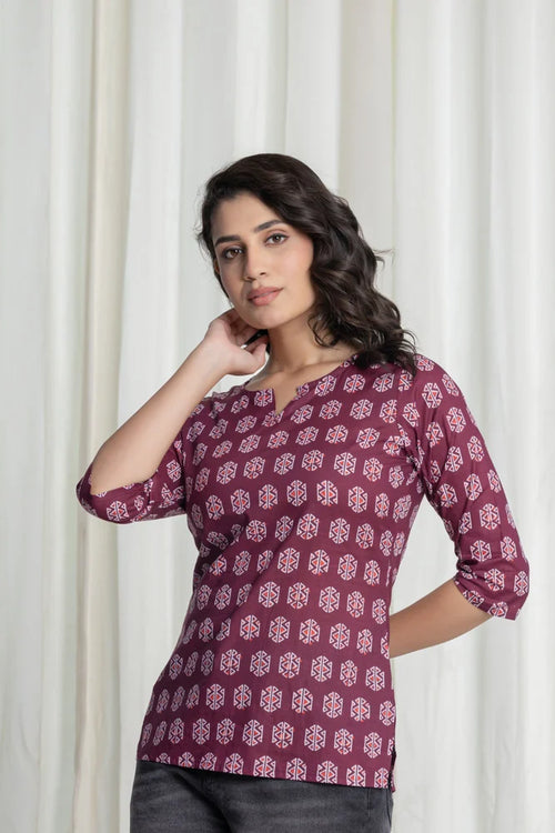 Berry Purple Printed Office Wear Short Kurti