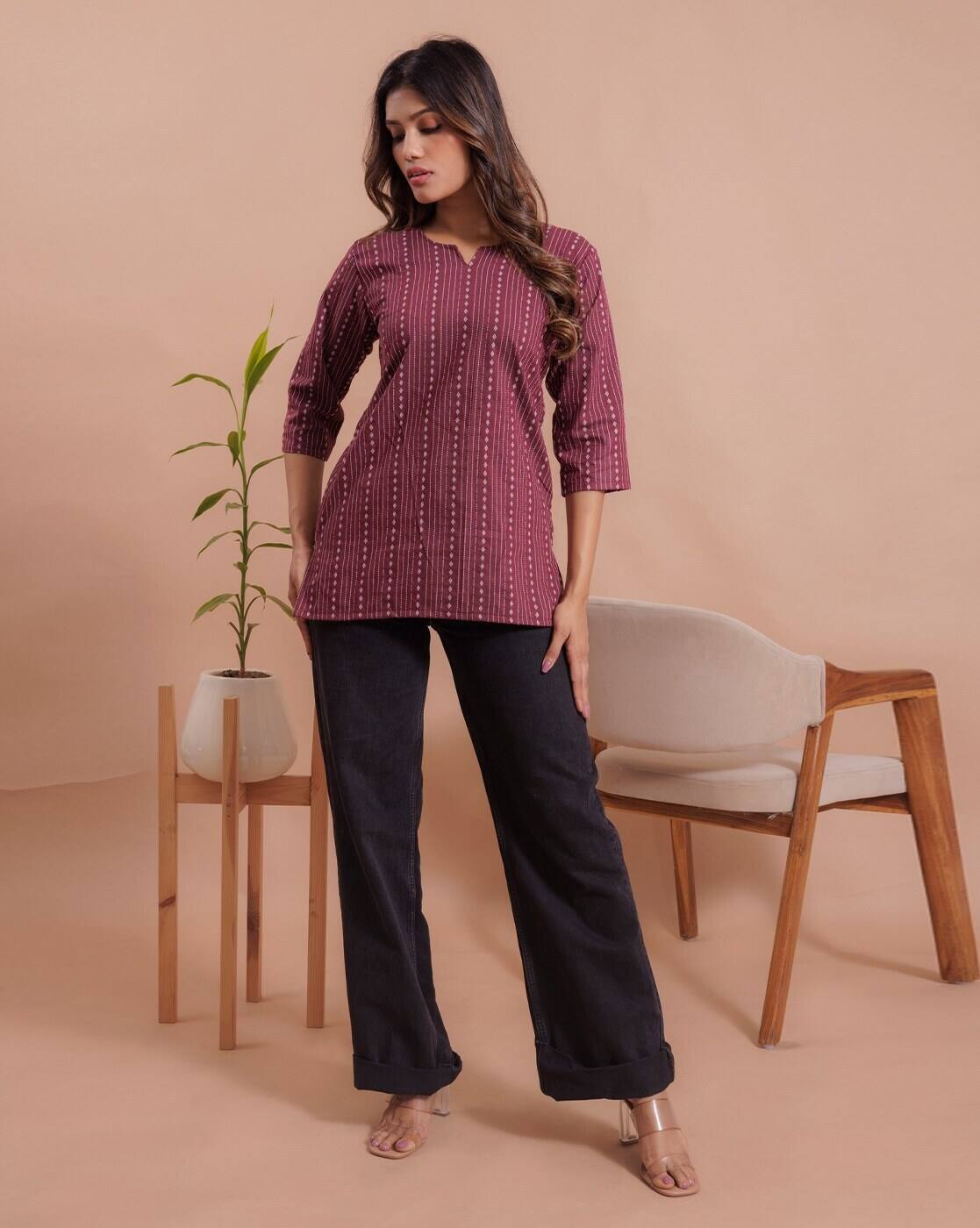 Maroon Printed Office Wear Short Kurti
