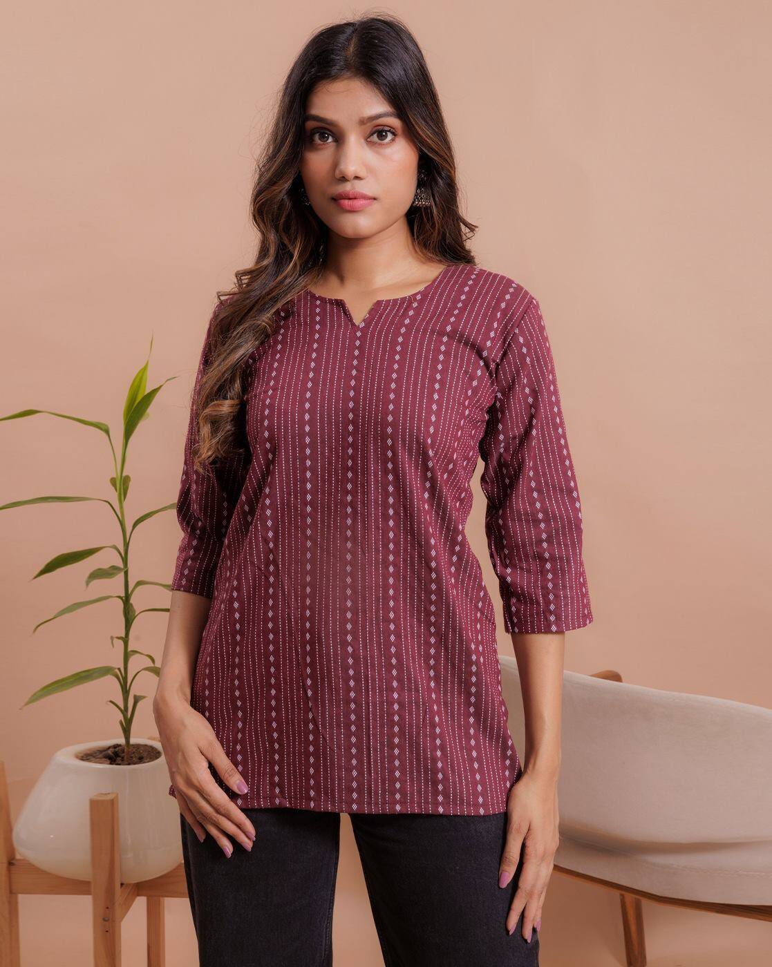Maroon Printed Office Wear Short Kurti