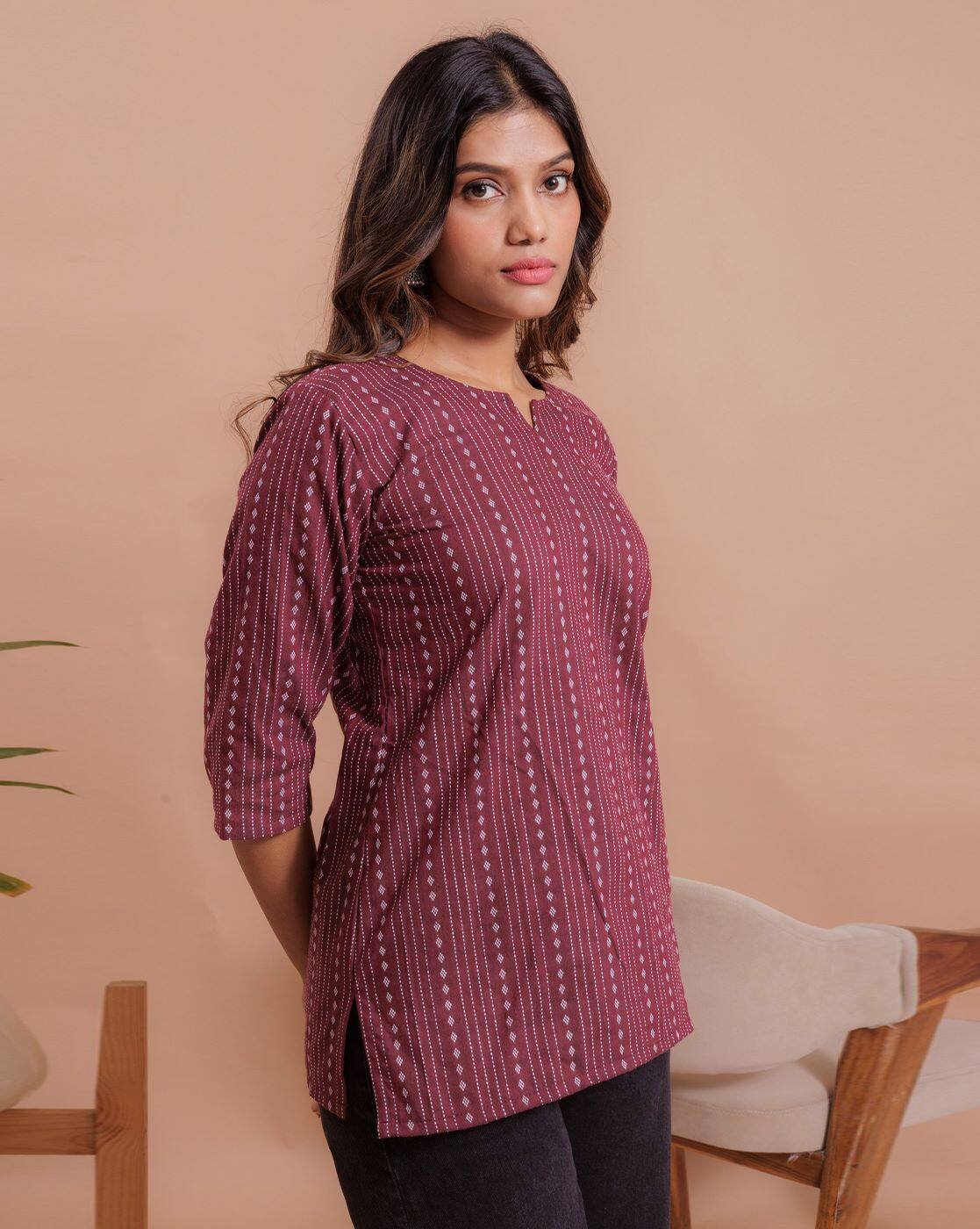 Maroon Printed Office Wear Short Kurti