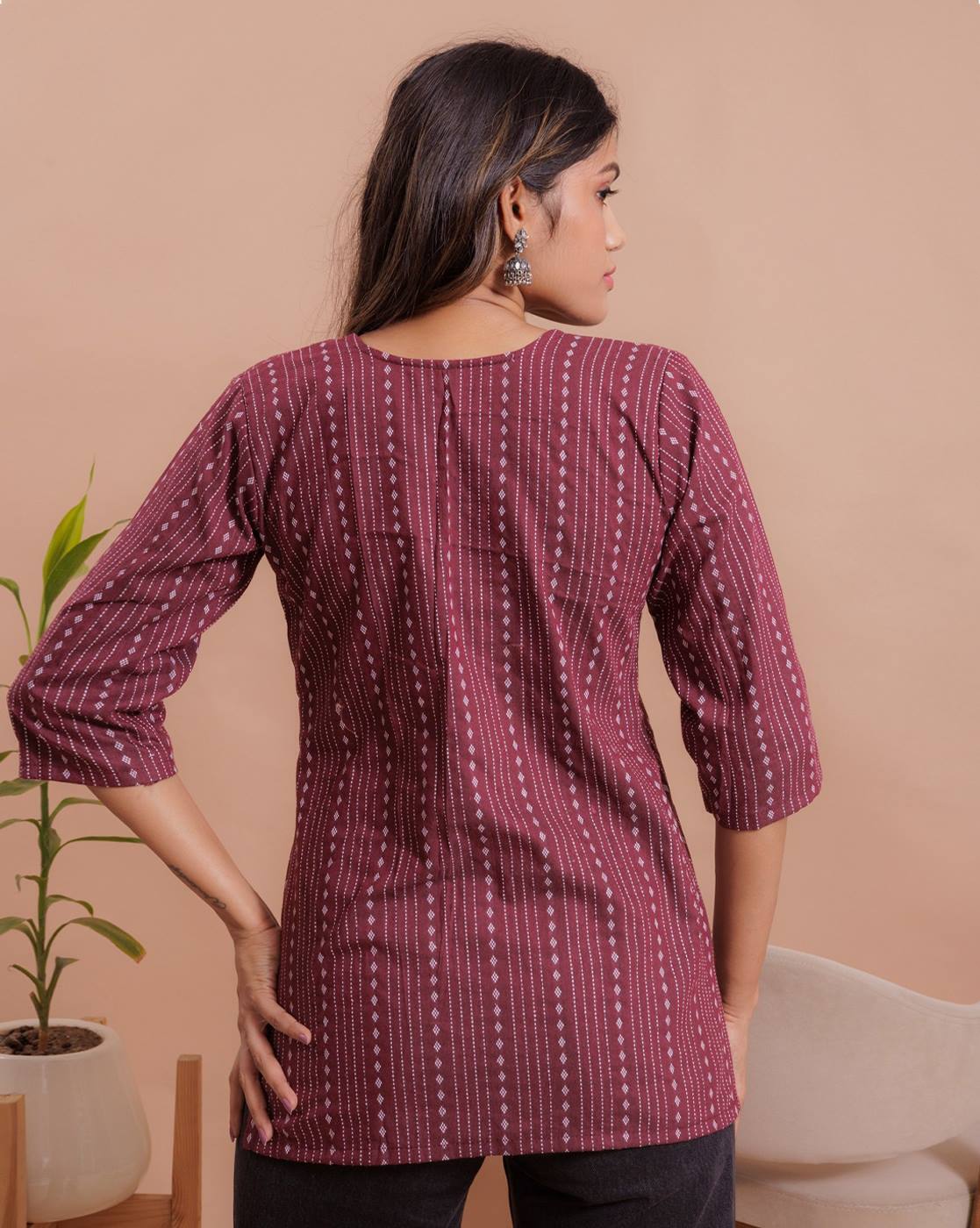 Maroon Printed Office Wear Short Kurti