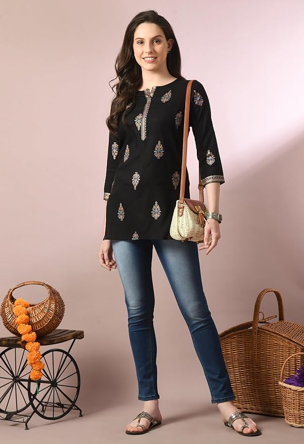 Black Printed Office Wear Short Kurti