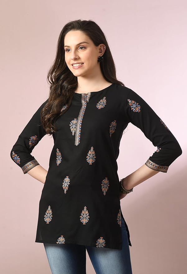 Black Printed Office Wear Short Kurti